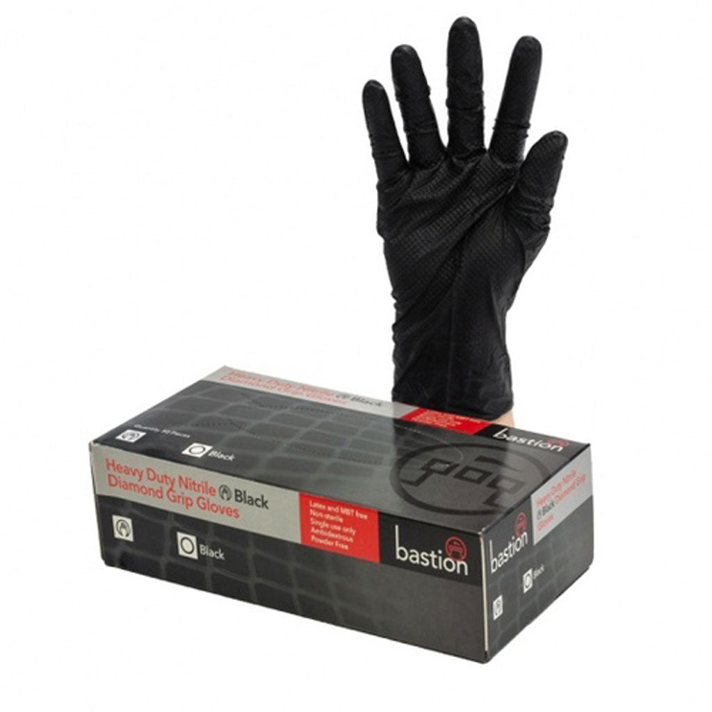Bastion Heavy Duty Black Nitrile Diamond Grip Gloves - Large | 50/Pack
