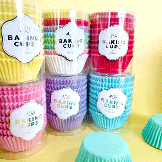 packs of 408 paper baking cups in tubes and various colours