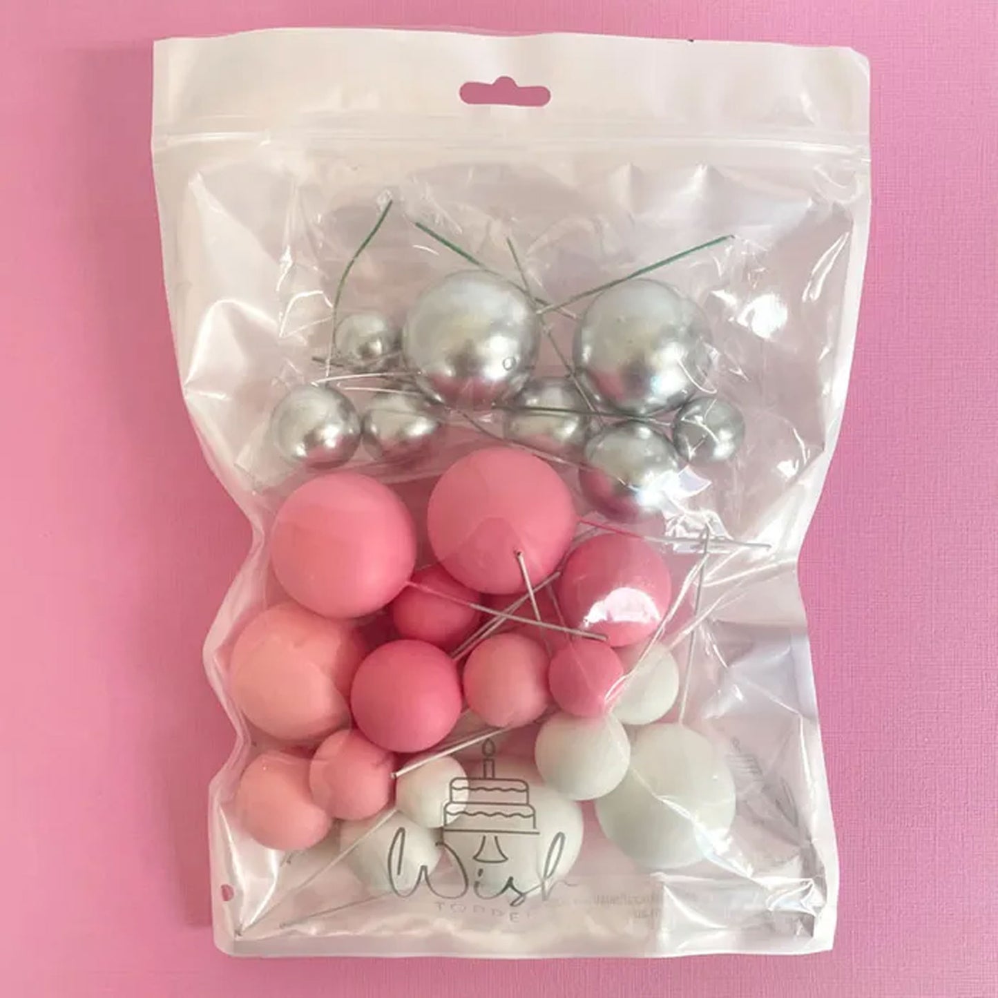 Deco Foam Ball Cake Topper Set | Pink, White & SIlver | 32/Piece