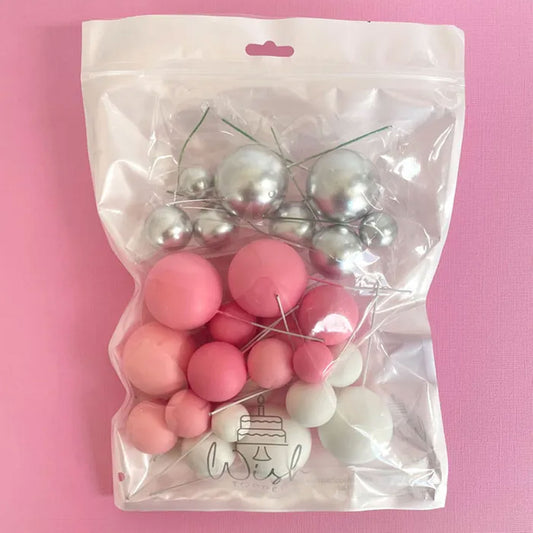 Deco Foam Ball Cake Topper Set | Pink, White & SIlver | 32/Piece