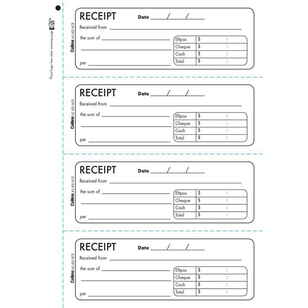 Collins Cash Receipt Book A5/4DL No Carbon Required