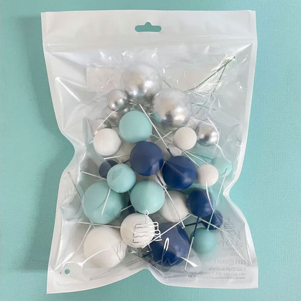 Deco Foam Ball Cake Topper Set | Blue, White & Silver | 32/Piece