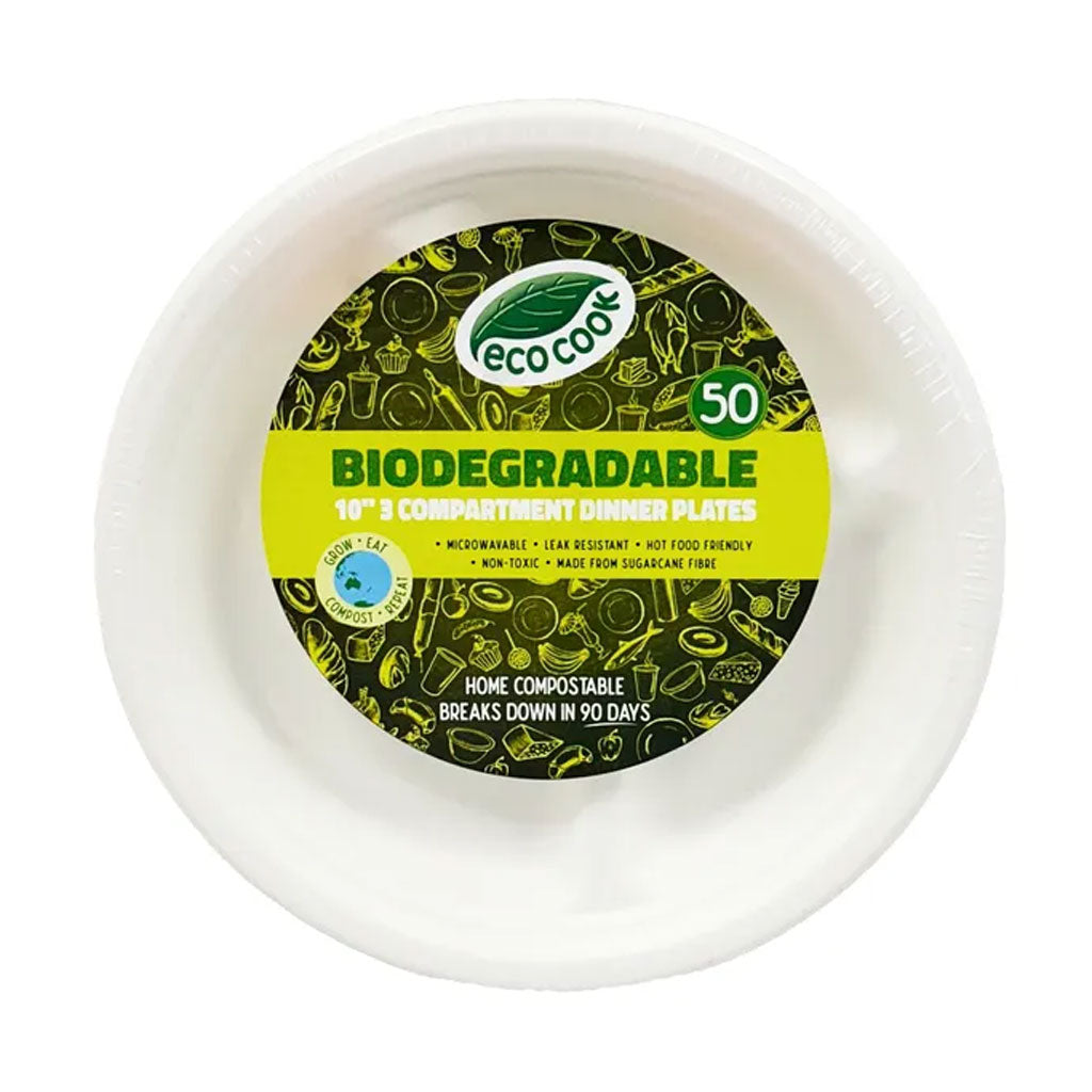 EcoCook Biodegradable Dinner Plates 10" 3 Compartment | 50/Pack