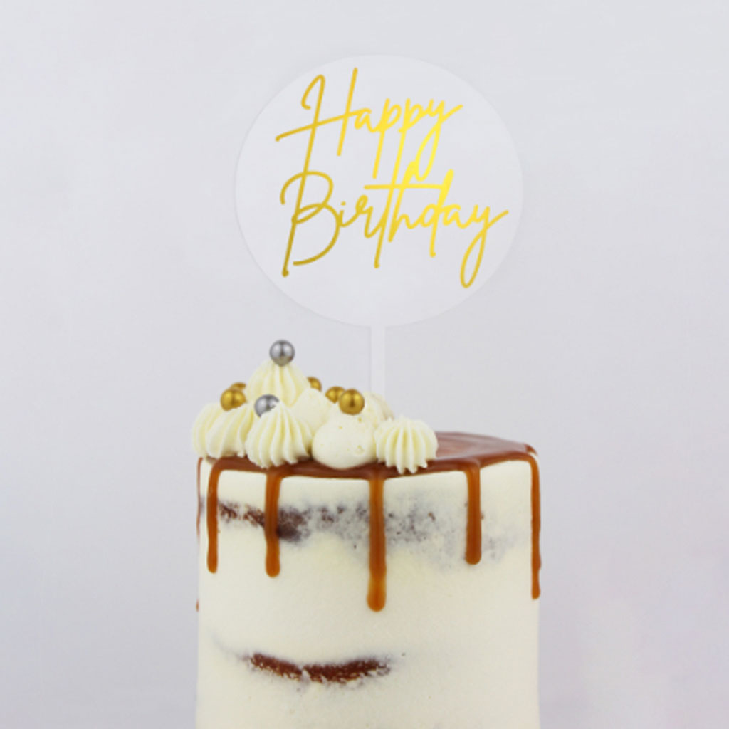 GoBake Small Acrylic Topper Happy Birthday Round Gold