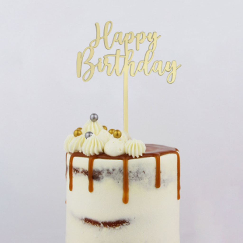 GoBake Small Acrylic Topper Happy Birthday Classic Gold