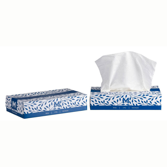 blue and white boxes with loose facial tissue