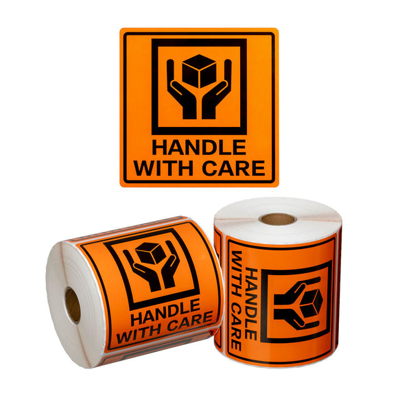 Handle with Care Handling Labels Orange/Black 99x99mm | 500/Roll