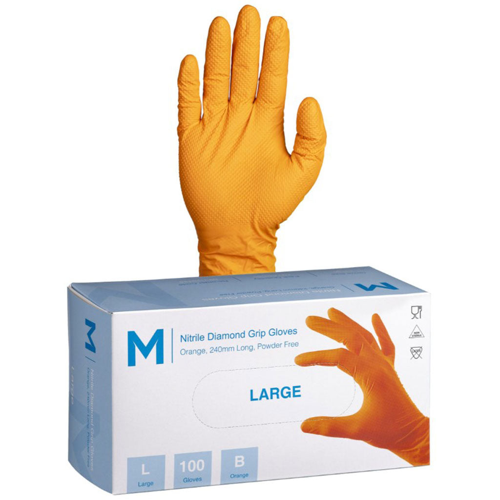 M Nitrile Diamond Grip Gloves Orange - Large | 100/Box