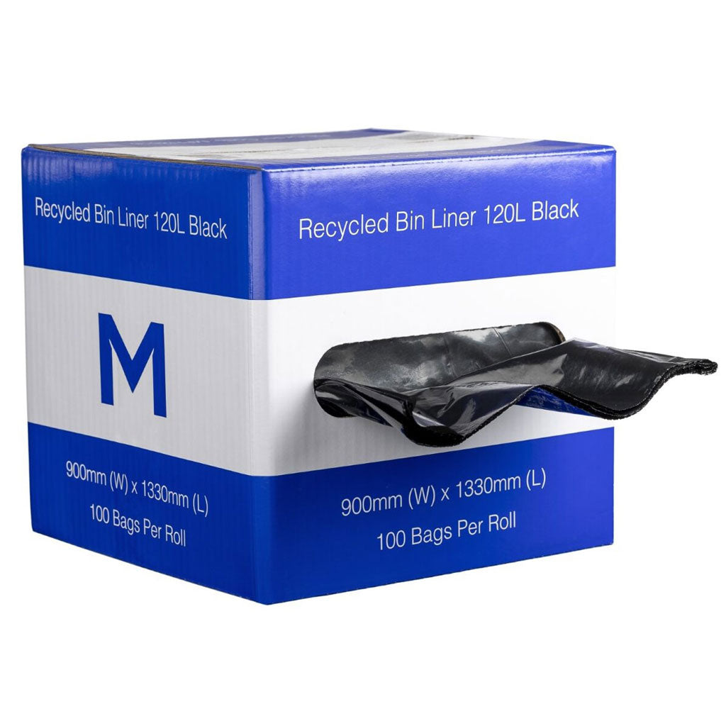M Recycled Bin Liners in Dispenser Box 120L Black | 100/Box