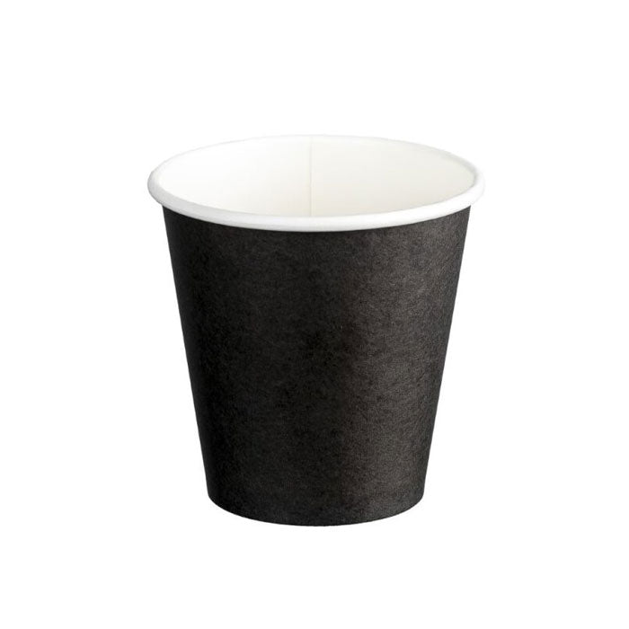Black paper cup with white rim on a white background