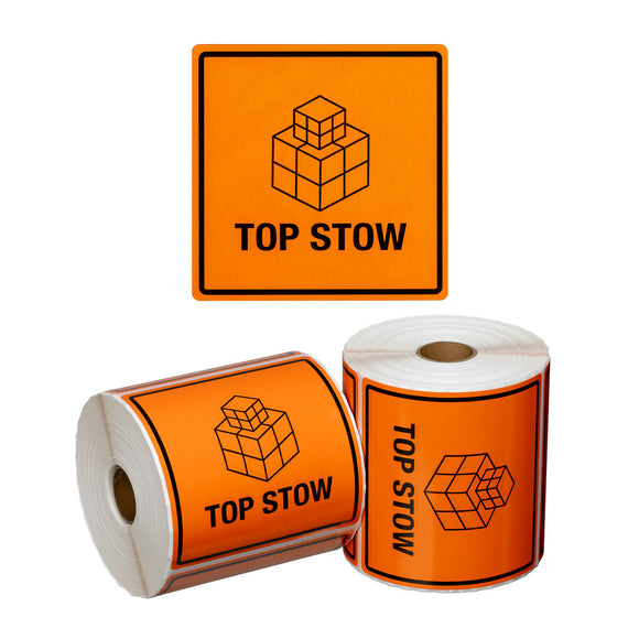 Top Stow Handling Labels Orange/Black 99x99mm | 500/Roll