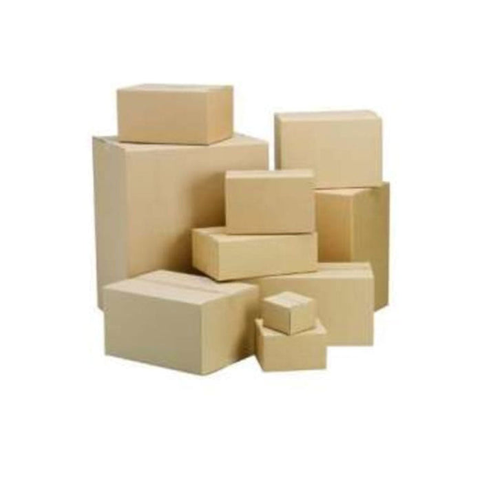 A pile of brown cardboard boxes of various sizes, stacked together.