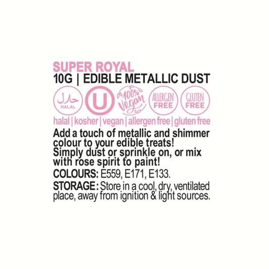 nutritional information label for vivid super royal edible metallic lustre dust