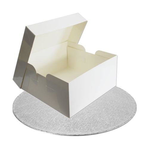 GoBake 8 Inch Board+Box Set (1 x 8x8x5 Inch White Cake Box and Lid & 1 x 8 Inch Round 3mm Thick Silver Cake Board)