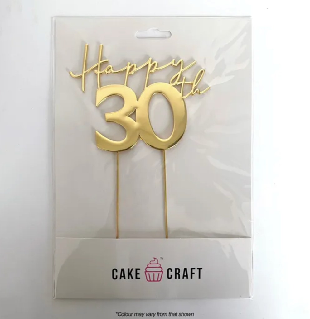 Cake Craft Happy 30th Metal Cake Topper Gold Lloyd Holt Packaging