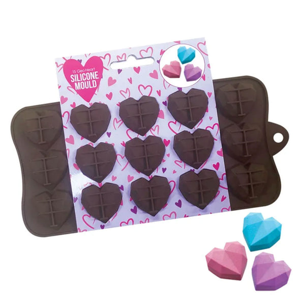 Brown Silicone Mould with 15 Geo Heart Shapes in Hangsell packaging with pink, purple and blue geo hearts in corner