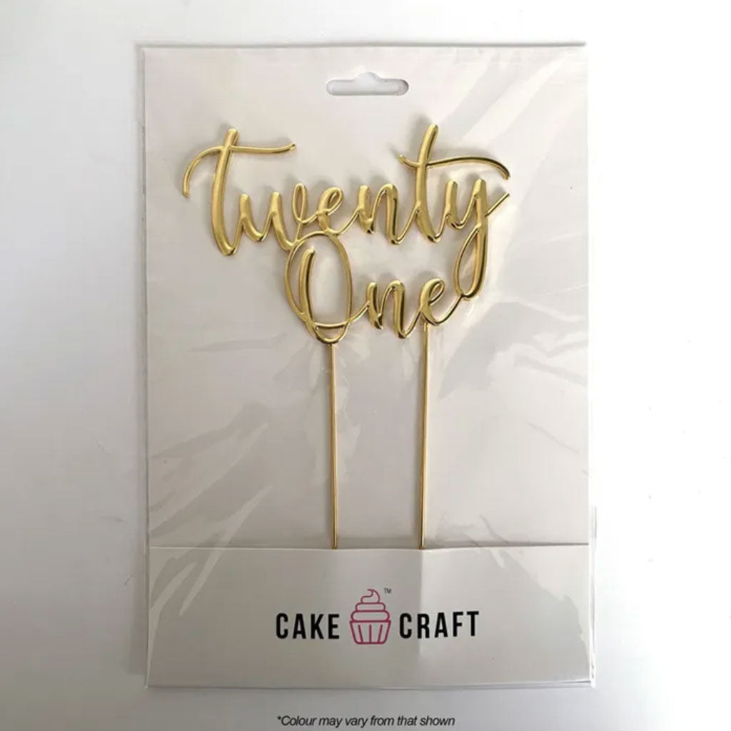 Cake Craft Twenty One Silver Metal Cake Topper in packaging