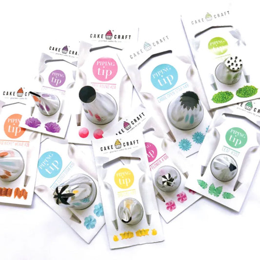 a collection of cake craft piping tips laid out