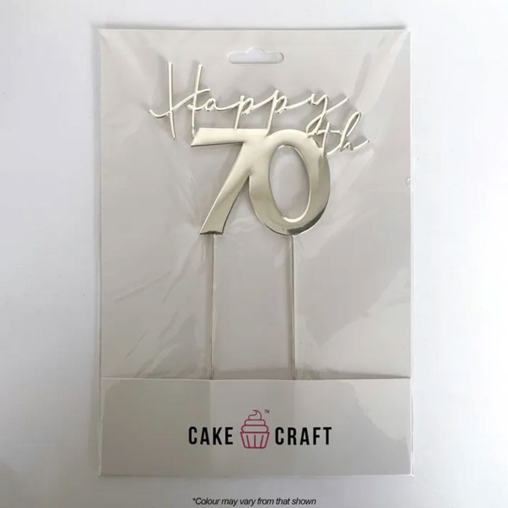 Cake Craft Happy 70th Silver Metal Cake Topper in packaging