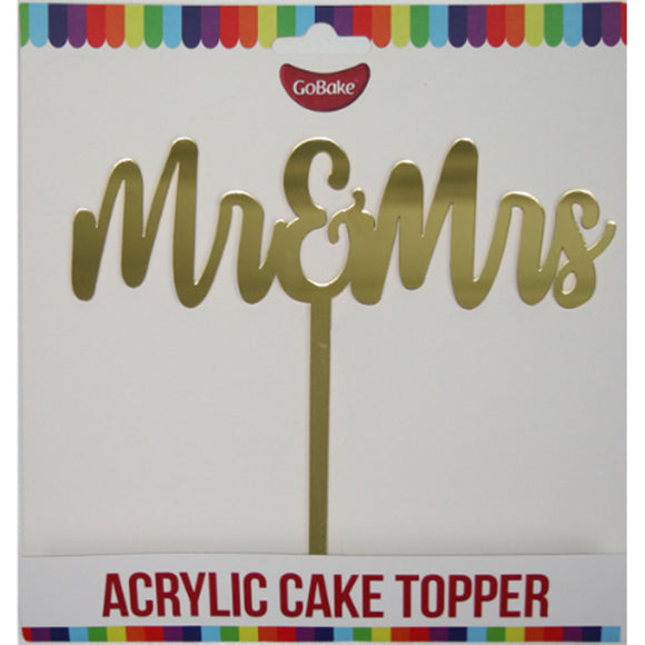 GoBake Gold Mr & Mrs Acrylic Cake Topper in Hangsell packaging