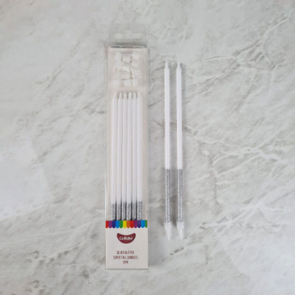 GoBake Candles Super Tall 18cm Glitter Silver 12/Pack