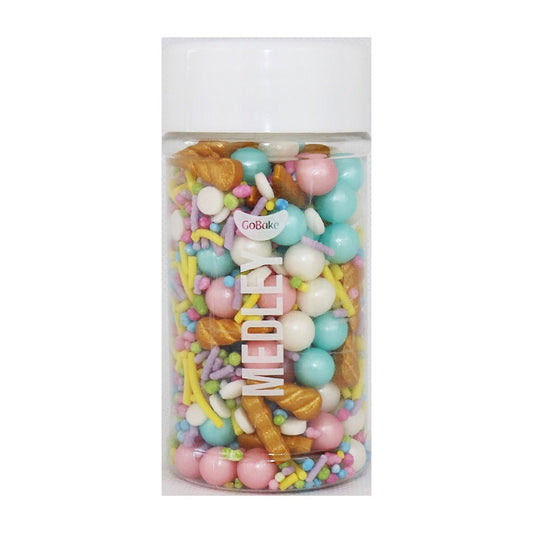 gobake dancing unicorn sprinkle medley with sugar pearls, unicorn horns, sequins and jimmies mixed in an easy to use jar