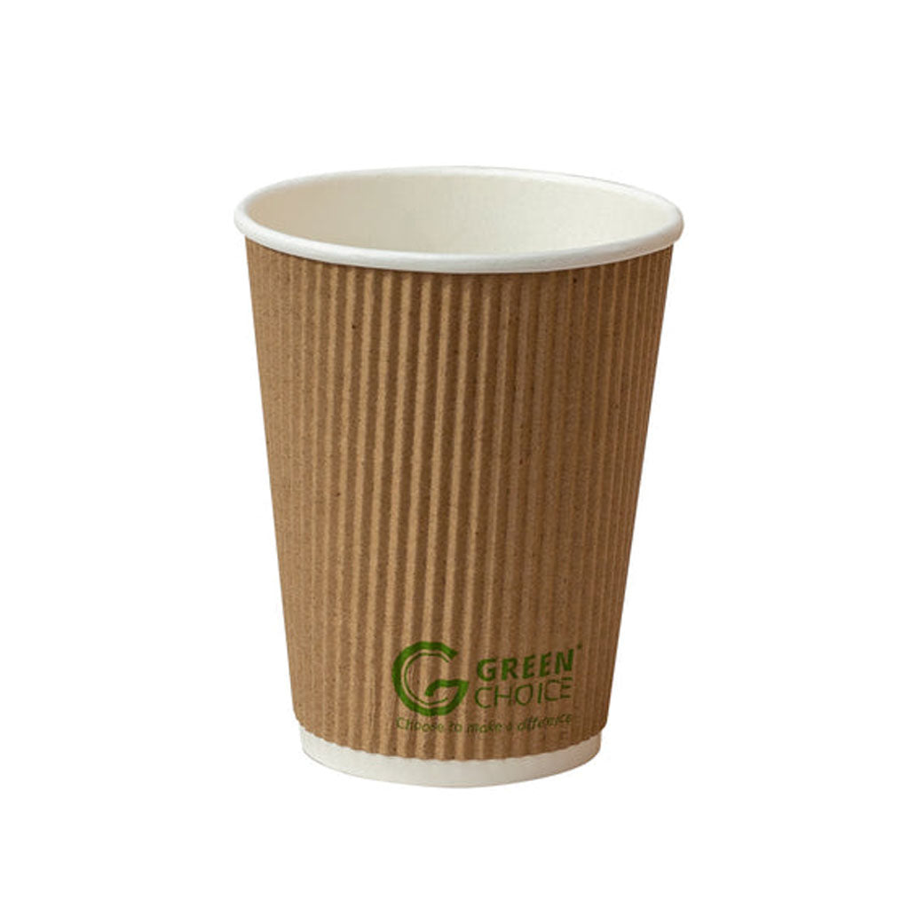 Green Choice 12oz brown ripple double wall coffee cup with green choice green print