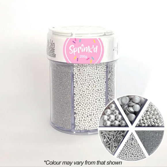 sprink'd 6 Cavity sprinkle jar full of assorted silver sprinkles (balls, jimmies, sanding sugar and sequins)