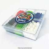 sprink'd avengers themed bento sprinkle mix box on side angle with green, white, blue, black & red sprinkles