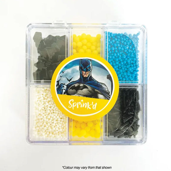Sprink'd Batman themed bento box with assorted yellow, blue, black & white sprinkles
