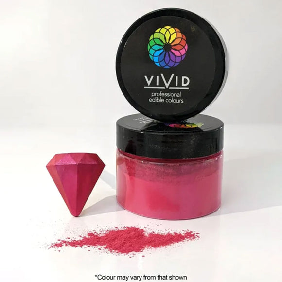 Vivid Magenta Edible Metallic Dust in pot with dust sprinkled in front and diamond painted to show colour