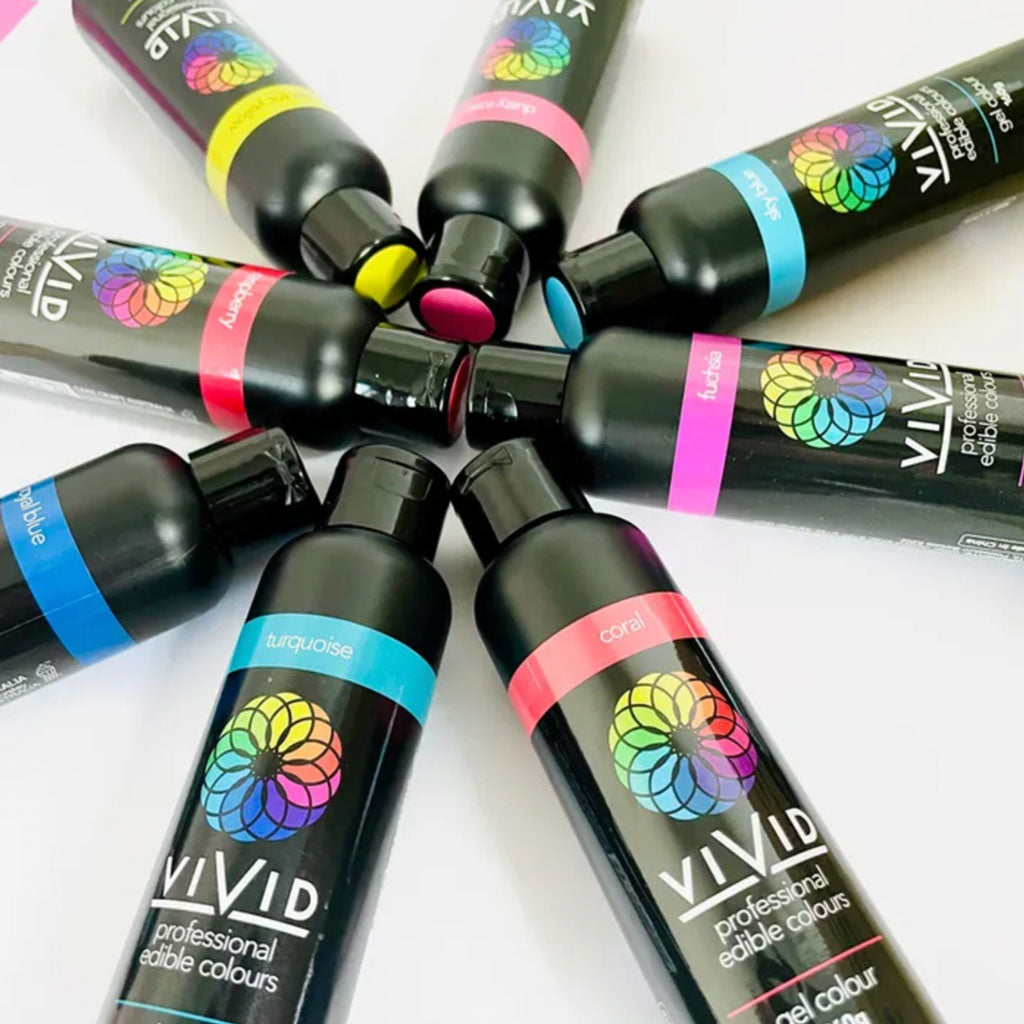 vivid large 160g gel food colour bottles laid out in star shape