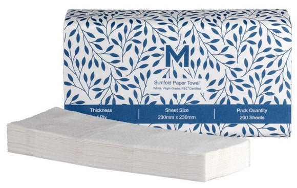 Matthews Slimfold Paper Towel 230mm x 230mm, 1 Ply, (200Pkt)
