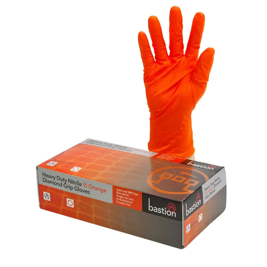 Bastion Heavy Duty Orange Nitrile Diamond Grip Gloves - Medium | 50/Pack