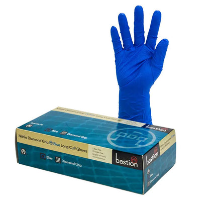 Bastion Blue Nitrile Diamond Grip Gloves Long Cuff - Large | 50/Pack