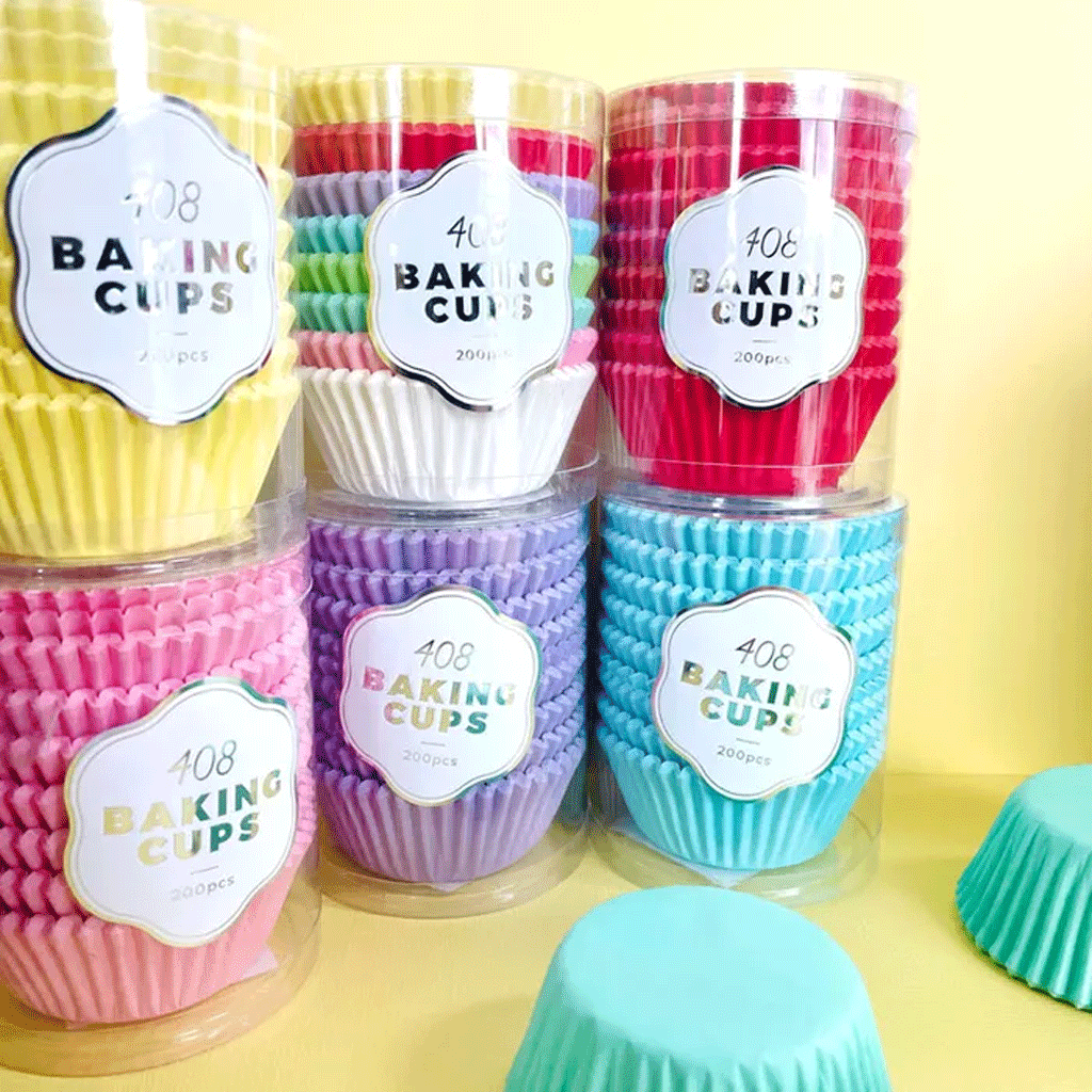 packs of 408 paper baking cups in tubes and various colours