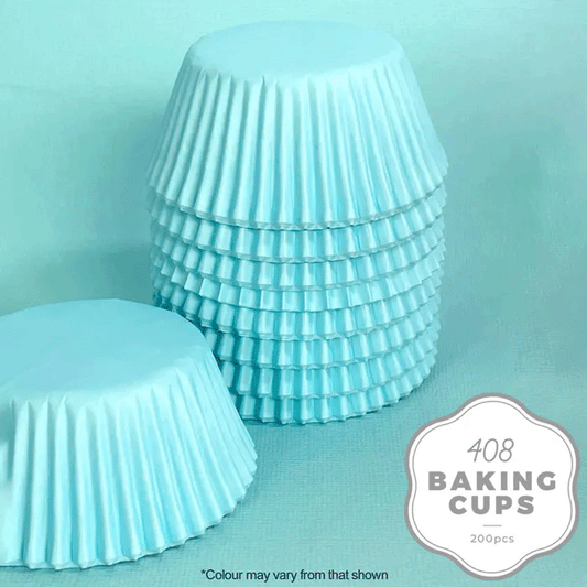 blue paper baking cups stacked upside down on a blue background