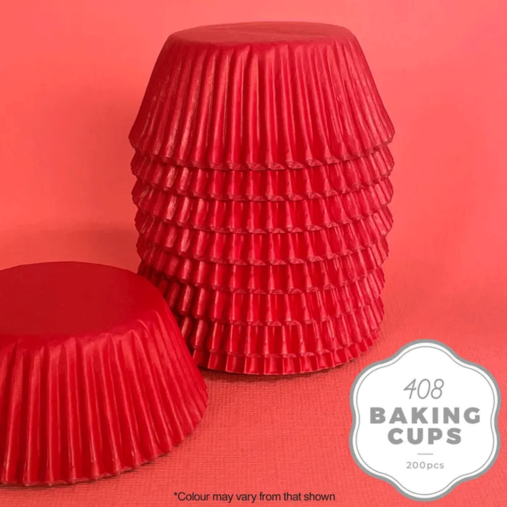 red paper baking cups stacked upside down on a red background