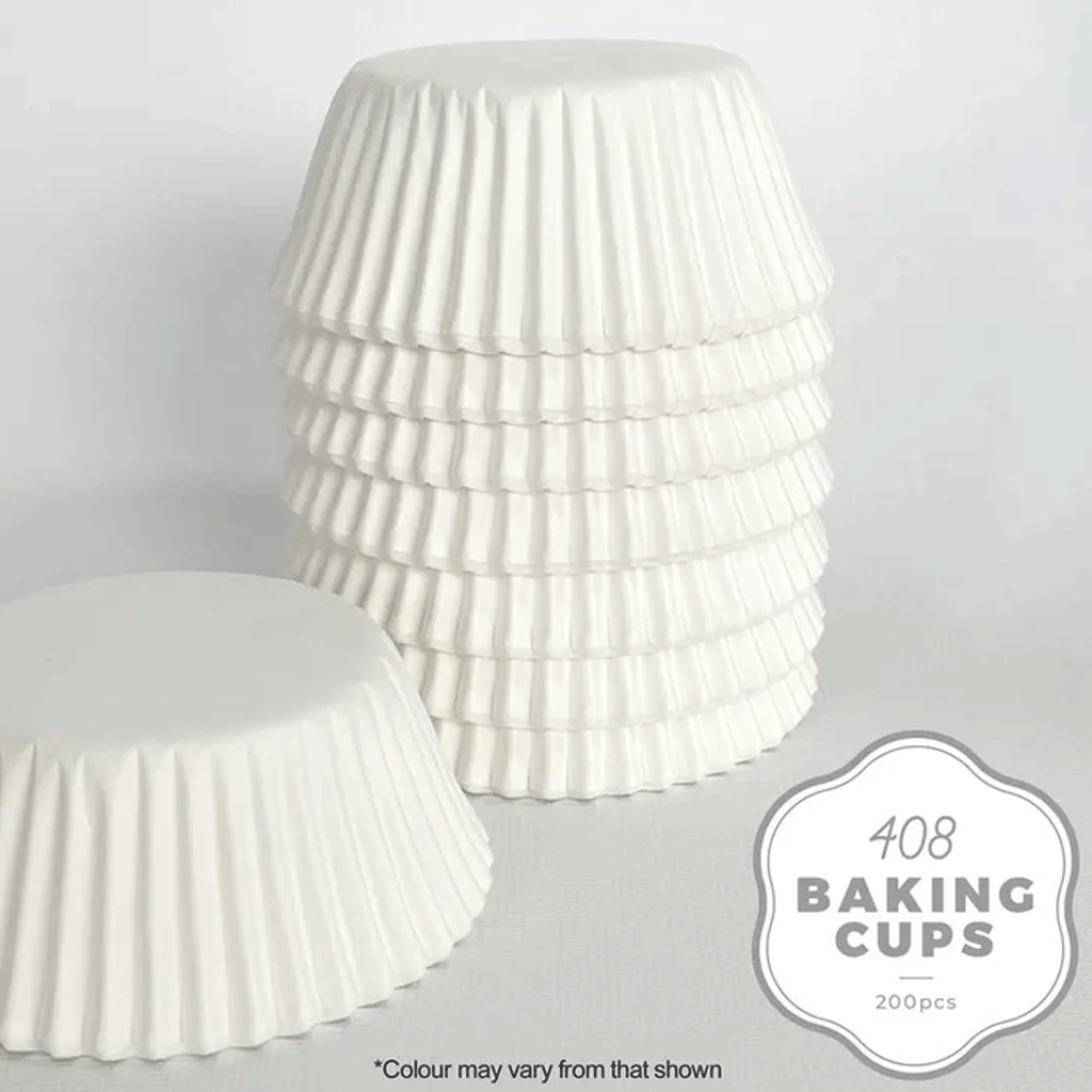 white paper cupcake baking cups stacked upside down on a white background