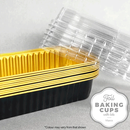 black and gold foil rectangle baking cups stacked with plastic clear lids on the side