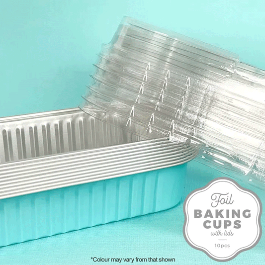 blue rectangle foil baking cups stacked with plastic clear lids beside