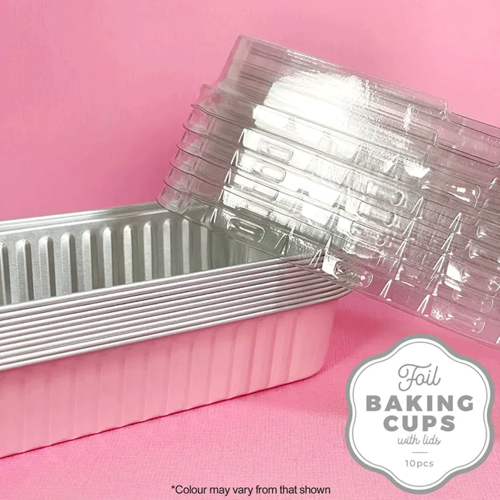 pink and silver rectangle foil baking cups stacked with clear plastic lids 
