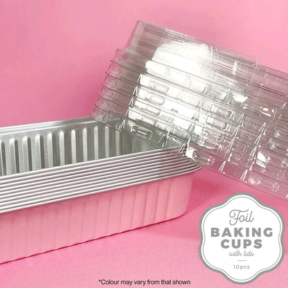 pink and silver rectangle foil baking cups stacked with clear plastic lids 