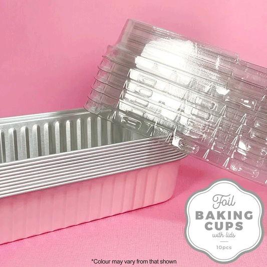 pink and silver rectangle foil baking cups stacked with clear plastic lids 