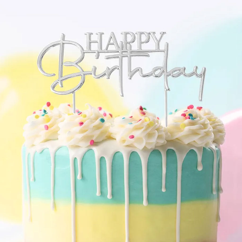 Cake Craft Metal Cake Topper Happy Birthday Style #2 - Silver