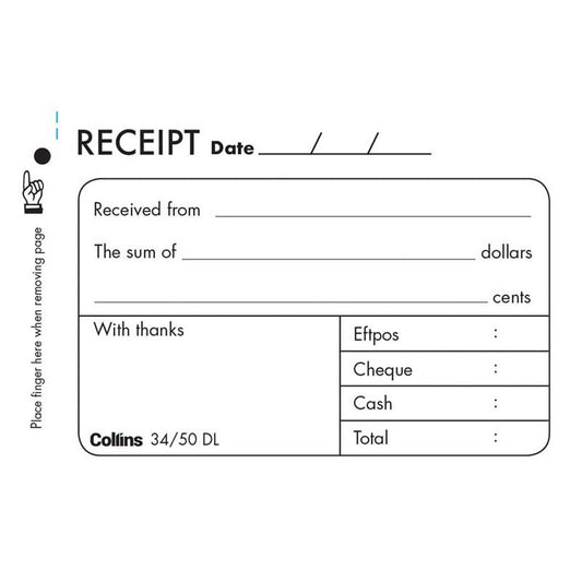 Collins Receipt Book 34/50DL Carbon Required