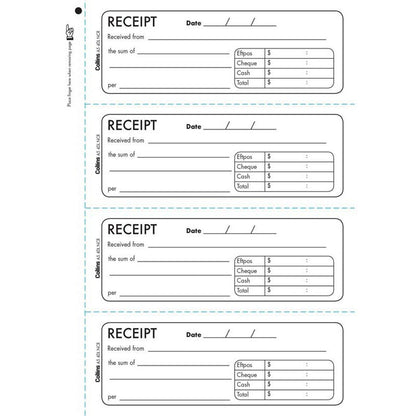 Collins Cash Receipt Book A5/4DL No Carbon Required