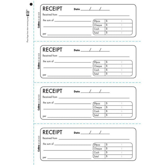 Collins Cash Receipt Book A5/4DL No Carbon Required