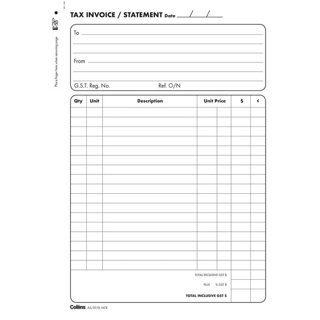 Collins Tax Invoice Book A5/50 DL No Carbon Required