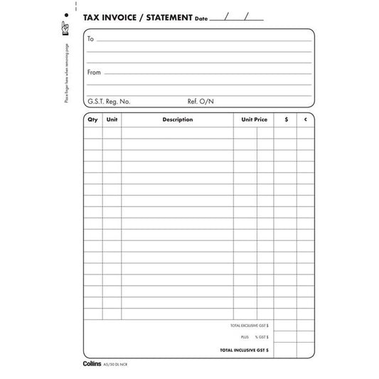 Collins Tax Invoice Book A5/50 DL No Carbon Required